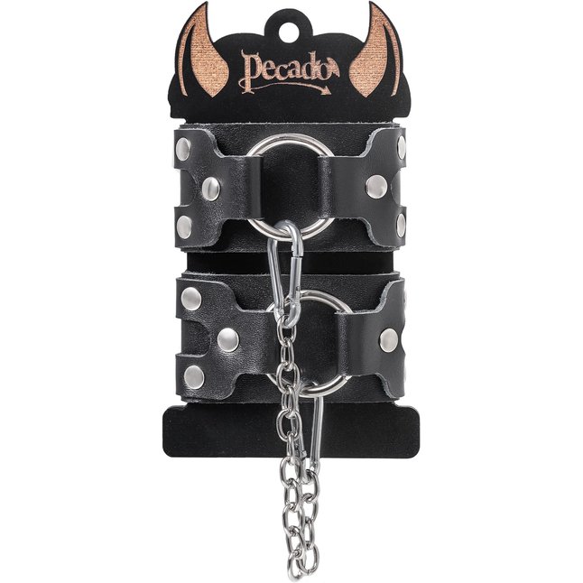 Черные кожаные наручники-браслеты с двумя ремешками. Фотография 7.