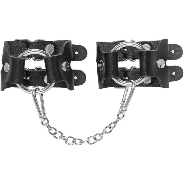 Черные кожаные наручники-браслеты из двух ремешков. Фотография 2.