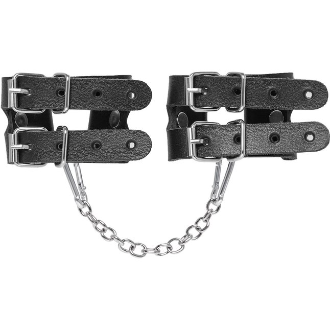 Черные кожаные наручники-браслеты из двух ремешков. Фотография 3.