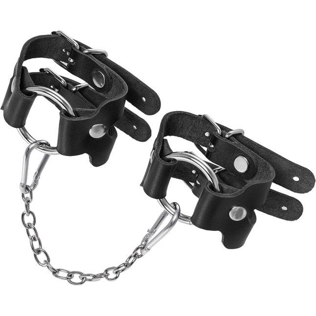 Черные кожаные наручники-браслеты из двух ремешков. Фотография 4.
