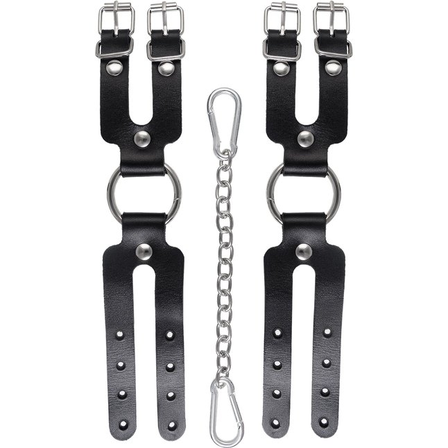 Черные кожаные наручники-браслеты из двух ремешков. Фотография 5.