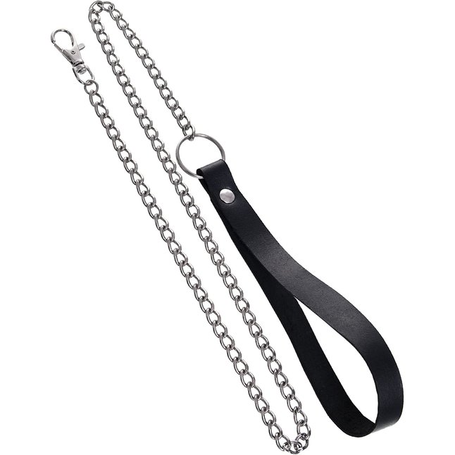 Поводок с ручкой из черной натуральной кожи и карабином для ошейника. Фотография 2.