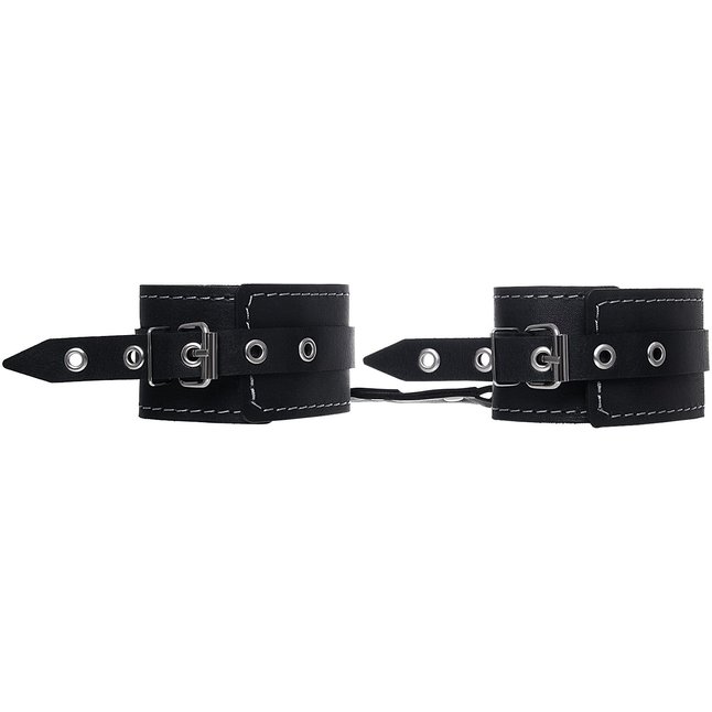 Черные двухслойные кожаные оковы с белой строчкой. Фотография 2.