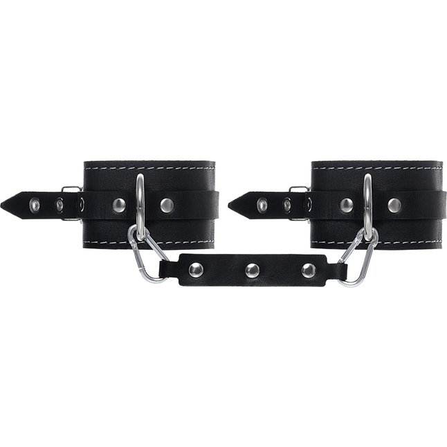 Черные двухслойные кожаные оковы с белой строчкой. Фотография 3.