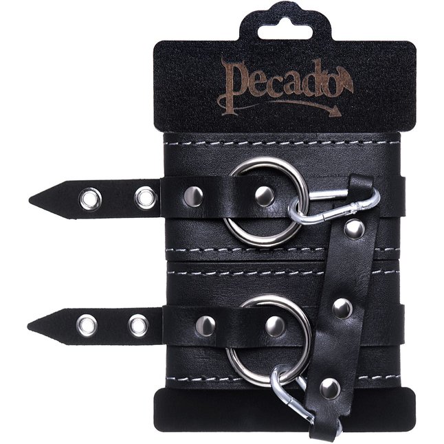 Черные двухслойные кожаные оковы с белой строчкой. Фотография 6.