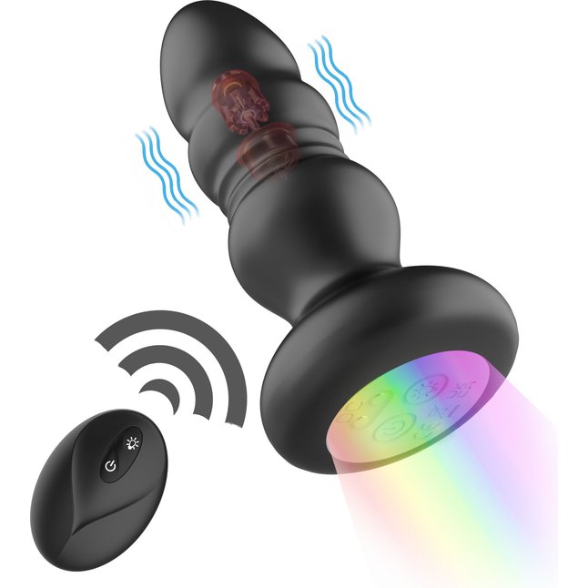 Черная анальная вибропробка с фрикционным механизмом и LED-подсветкой - 12,5 см