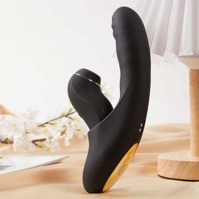 Черный вибратор с возвратно-поступательными движениями и вакуумом Fatima - 19,2 см. Фотография 3.