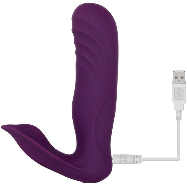 Фиолетовый ударный вибромассажер с клиторальным стимулятором. Фотография 7.