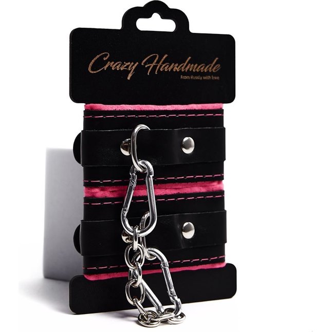 Черно-розовые скругленные наручники с мягкой подкладкой. Фотография 2.