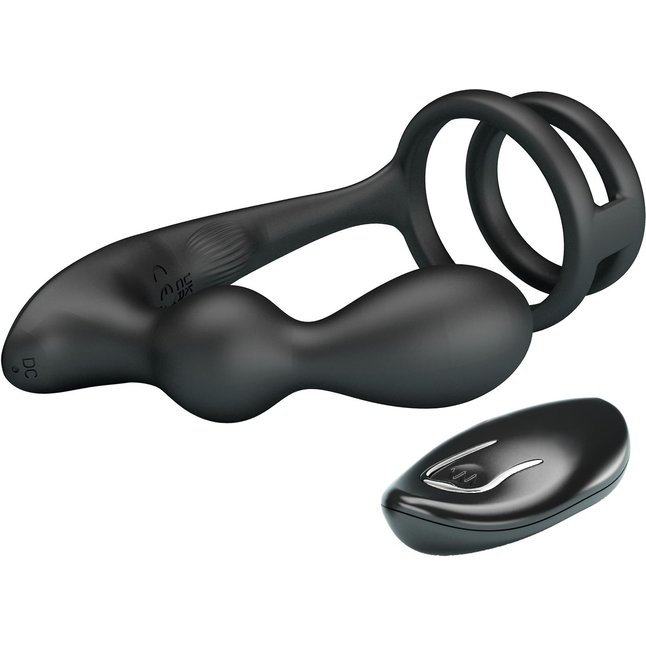 Черный вибростимулятор простаты с фиксацией кольцами. Фотография 5.