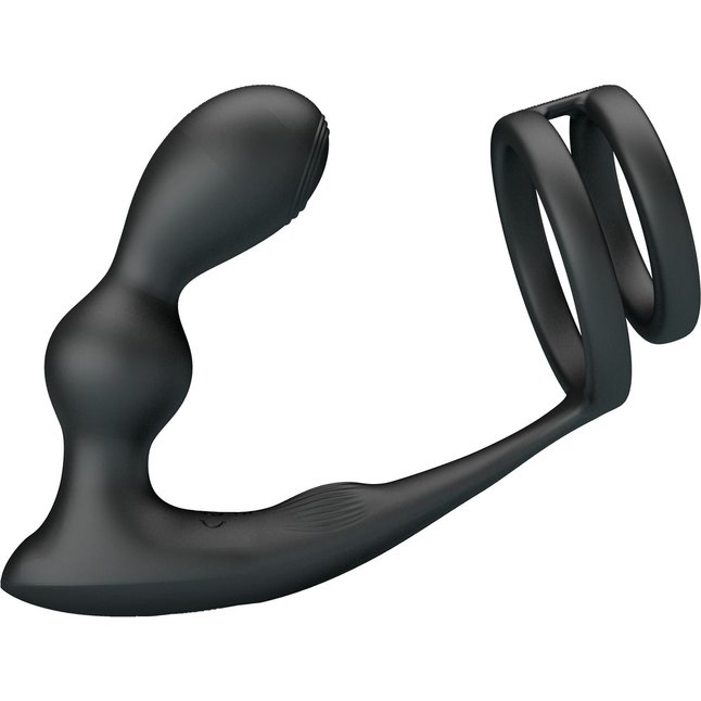 Черный вибростимулятор простаты с фиксацией кольцами