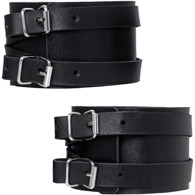 Черные кожаные оковы с двумя перекрёстными ремешками. Фотография 3.