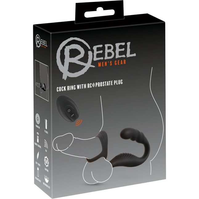 Черное эрекционное кольцо со стимуляцией промежности и анальной пробкой Cock Ring with RC Prostate Plug. Фотография 11.