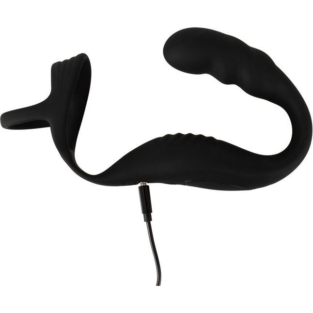 Черное эрекционное кольцо со стимуляцией промежности и анальной пробкой Cock Ring with RC Prostate Plug. Фотография 7.