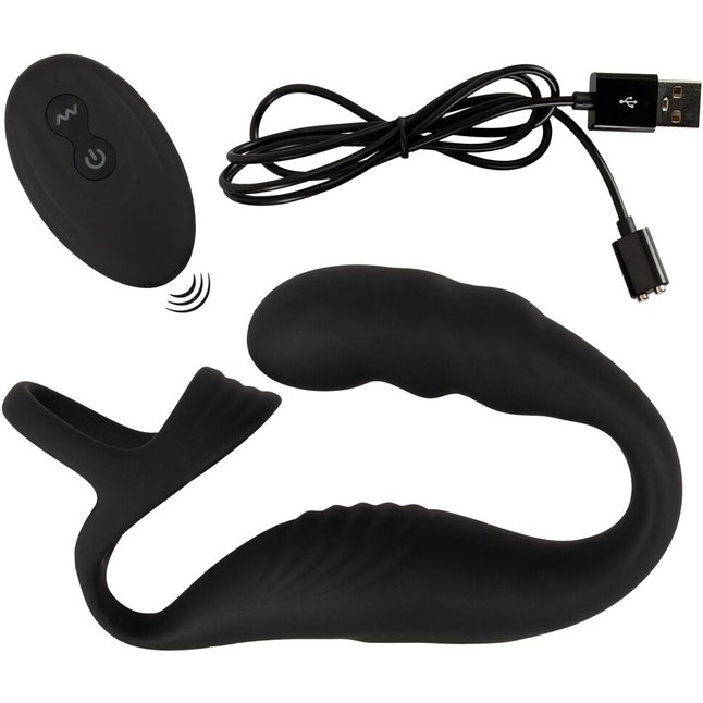 Черное эрекционное кольцо со стимуляцией промежности и анальной пробкой Cock Ring with RC Prostate Plug. Фотография 8.