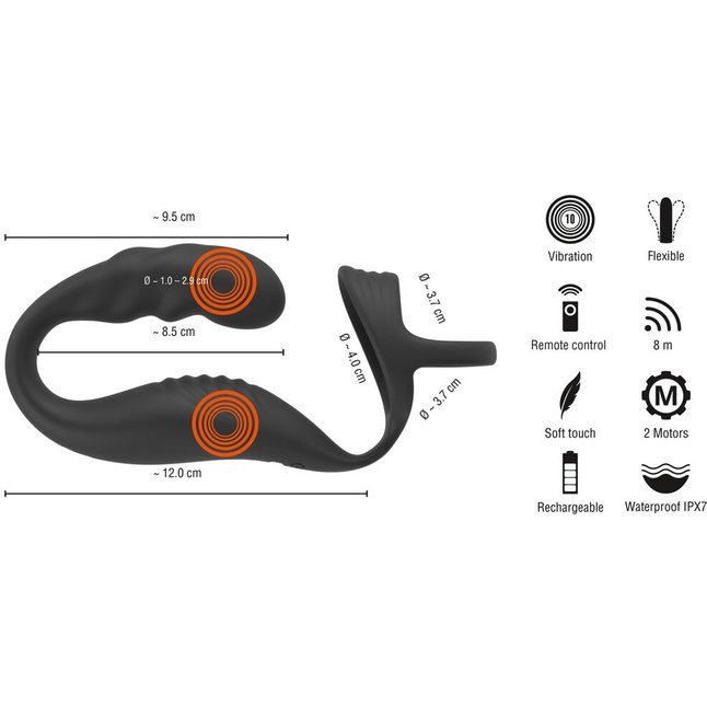 Черное эрекционное кольцо со стимуляцией промежности и анальной пробкой Cock Ring with RC Prostate Plug. Фотография 9.