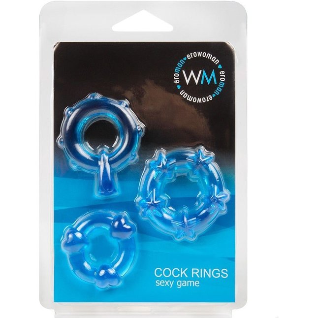 Набор из 3 синих эрекционных колец с различным рельефом - EROWOMAN-EROMAN. Фотография 2.