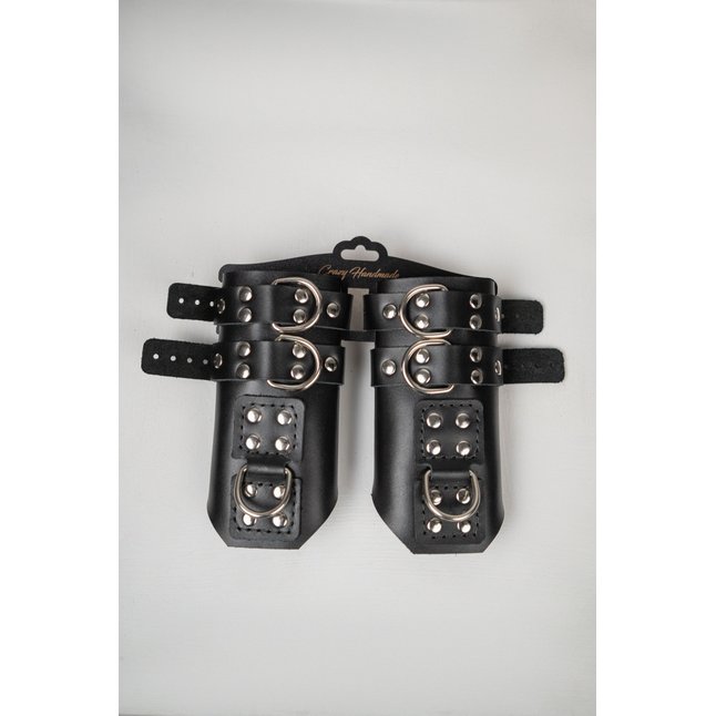 Черные высокие кожаные наручники для подвешивания. Фотография 3.