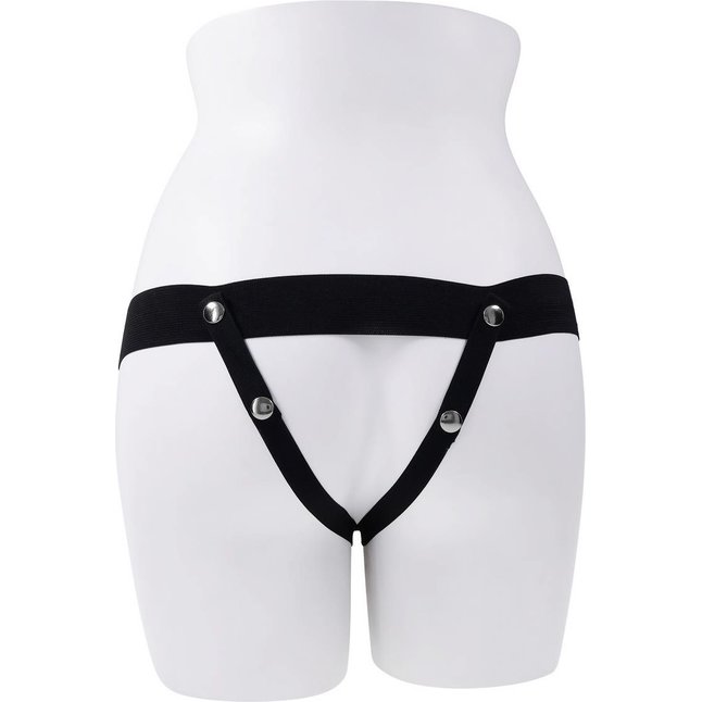 Телесный полый страпон с черными эластичными ремешками Our First Hollow Strap On. Фотография 4.