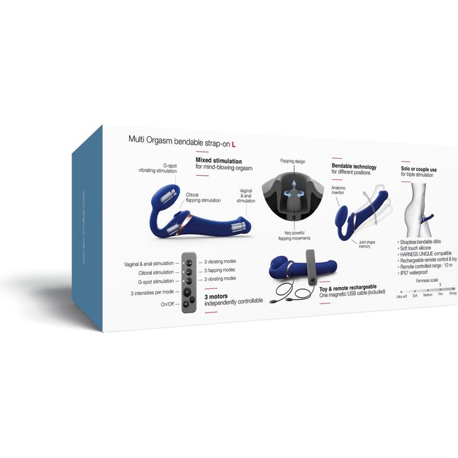 Синий безремневой страпон Multi Orgasm Bendable Strap-On size L с клиторальной стимуляцией. Фотография 7.