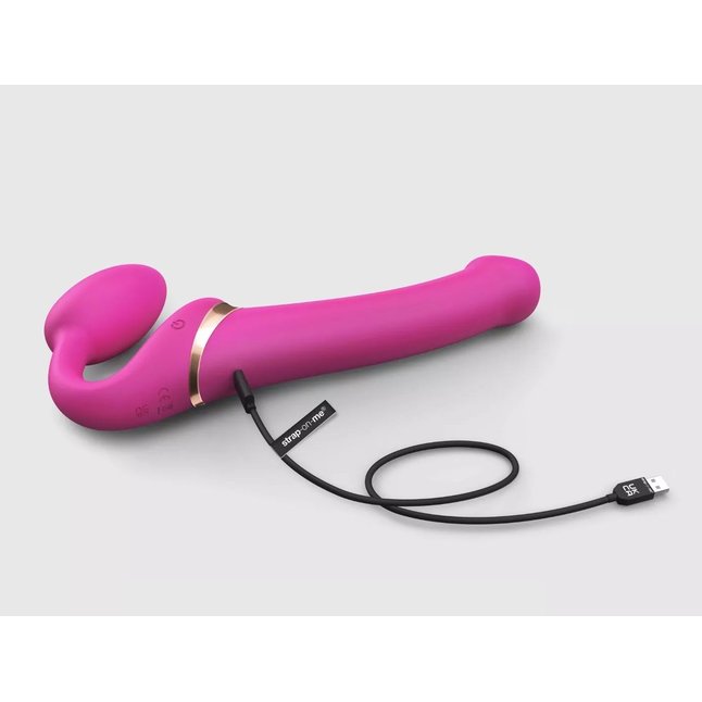 Ярко-розовый безремневой страпон Multi Orgasm Bendable Strap-On size XL с клиторальной стимуляцией. Фотография 3.
