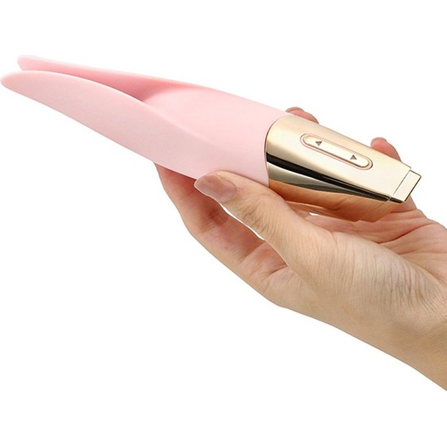 Нежно-розовый мини-вибратор с раздвоенным кончиком - 12,3 см. Фотография 5.