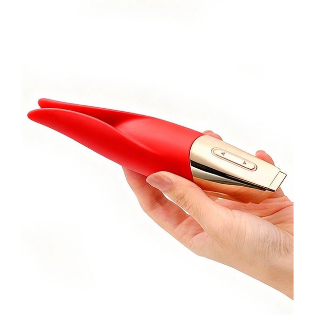 Красный мини-вибратор с раздвоенным кончиком - 12,3 см. Фотография 5.