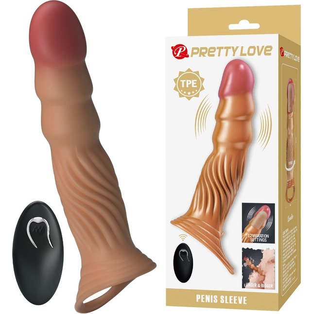 Карамельная удлиняющая насадка на пенис с вибрацией и пультом ДУ - Pretty Love. Фотография 2.