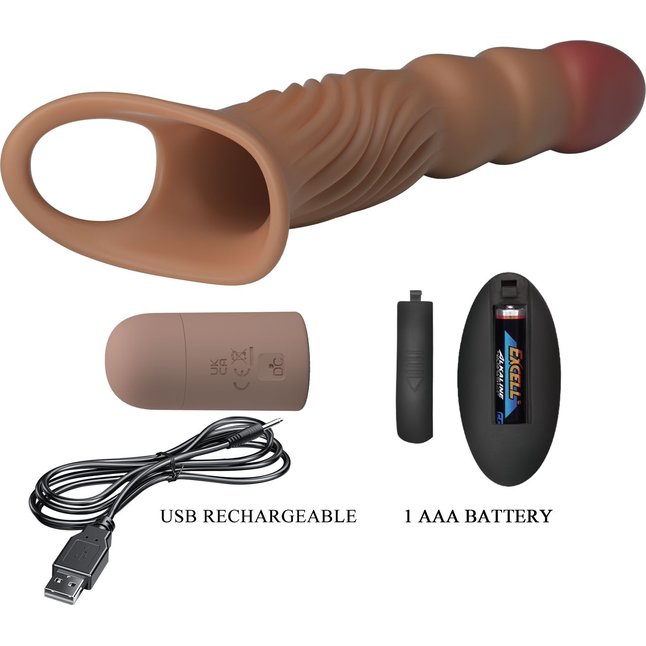 Карамельная удлиняющая насадка на пенис с вибрацией и пультом ДУ - Pretty Love. Фотография 11.