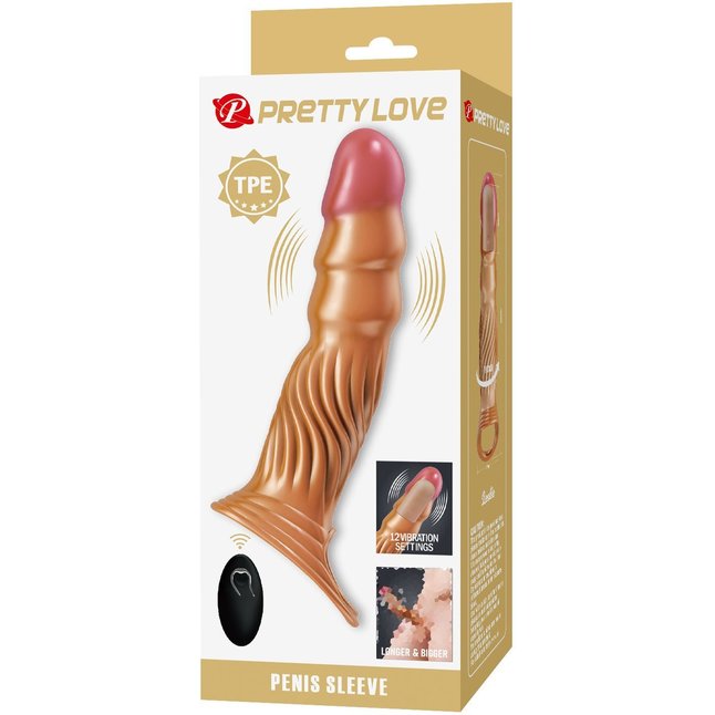 Карамельная удлиняющая насадка на пенис с вибрацией и пультом ДУ - Pretty Love. Фотография 3.