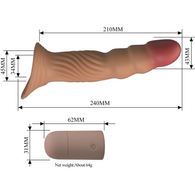 Карамельная удлиняющая насадка на пенис с вибрацией и пультом ДУ - Pretty Love. Фотография 9.