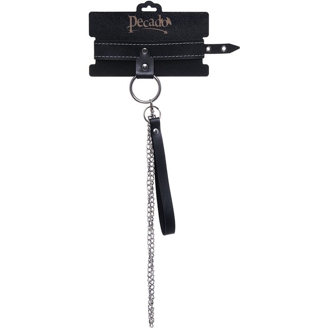 Черный узкий однослойный ошейник с серебристым поводком-цепочкой. Фотография 6.