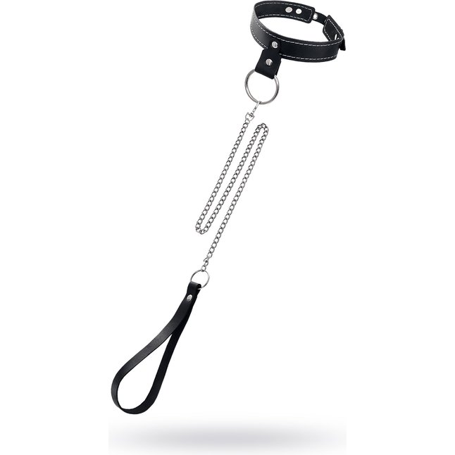 Черный узкий однослойный ошейник с серебристым поводком-цепочкой