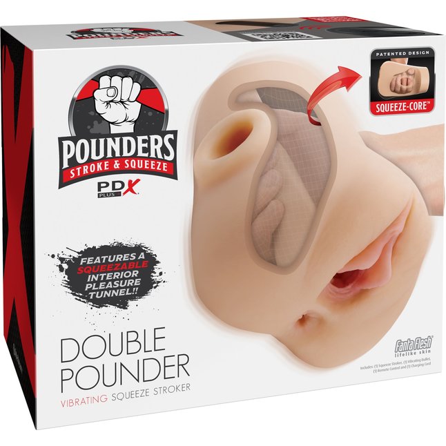 Телесный мастурбатор с вибрацией Double Pounder Vibrating Squeeze Stroker - PDX Plus. Фотография 2.