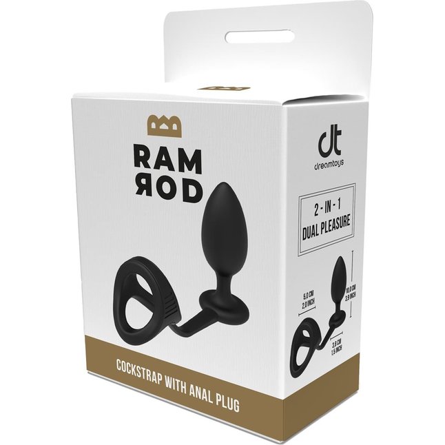 Черное эрекционное кольцо с анальной пробкой Cockstrap With Anal Plug - Ramrod. Фотография 4.