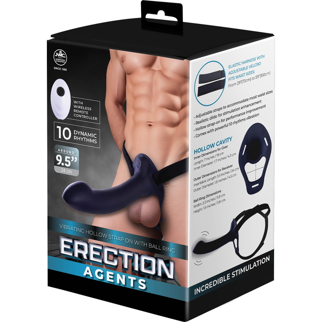 Черный полый страпон с вибрацией Erection Agents - 24,1 см. Фотография 2.