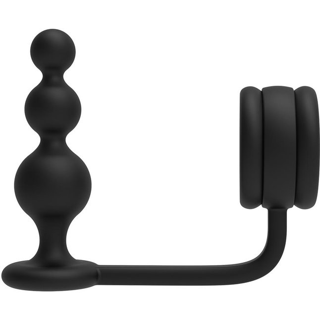Черное эрекционное кольцо с анальной елочкой Cockring With Beaded Anal Plug - Ramrod. Фотография 4.