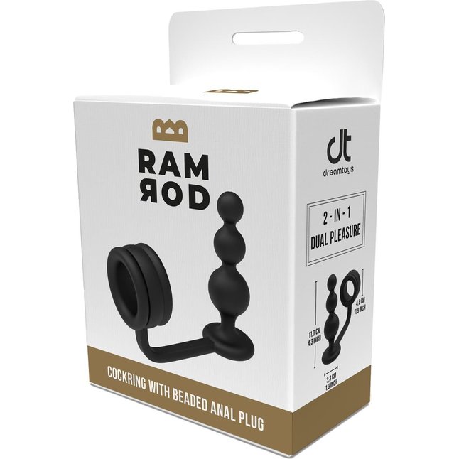 Черное эрекционное кольцо с анальной елочкой Cockring With Beaded Anal Plug - Ramrod. Фотография 5.