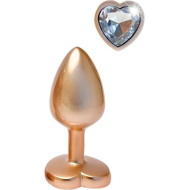 Золотистая анальная пробка с прозрачным кристаллом-сердцем Pearl Gold Plug Small - Gleaming Love. Фотография 2.