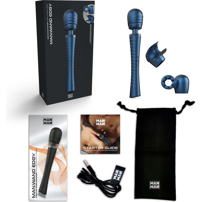 Синий вибромассажёр с насадками Man.wand Edgy. Фотография 5.