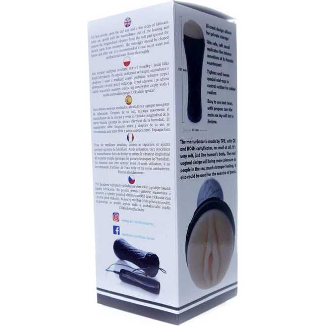 Телесный мастурбатор-вагина в черной колбе с вибрацией. Фотография 10.