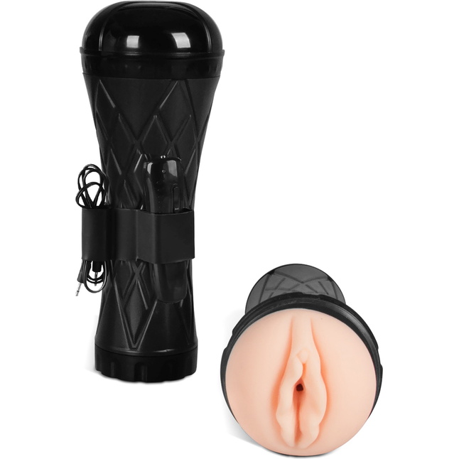 Телесный мастурбатор-вагина в черной колбе с вибрацией
