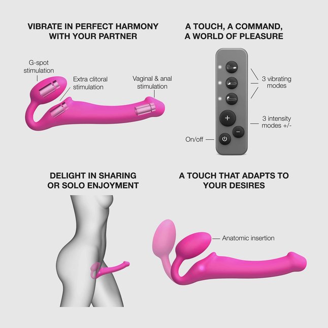 Ярко-розовый безремневой страпон Strap-on-me Vibrating Bendable Strap-On size M. Фотография 4.