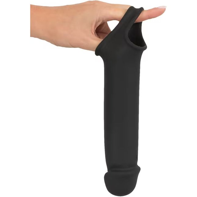 Черная вибронасадка для пениса с хомутом для мошонки и пультом ДУ Remote Controlled Penis Extension - Rebel. Фотография 6.
