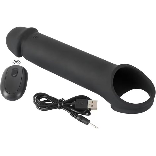 Черная вибронасадка для пениса с хомутом для мошонки и пультом ДУ Remote Controlled Penis Extension - Rebel. Фотография 9.