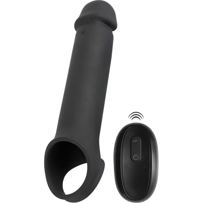 Черная вибронасадка для пениса с хомутом для мошонки и пультом ДУ Remote Controlled Penis Extension - Rebel