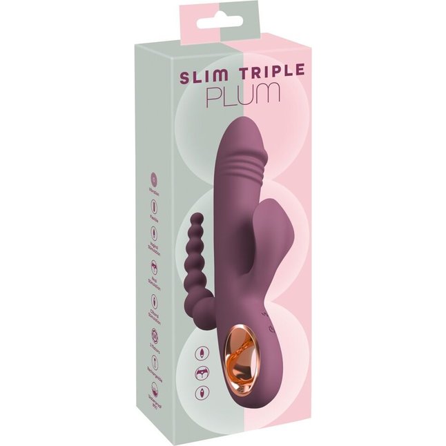 Сливовый вибратор с клиторальным отростком и анальным хвостом Slim Triple Plum - 21,4 см - You2Toys. Фотография 2.