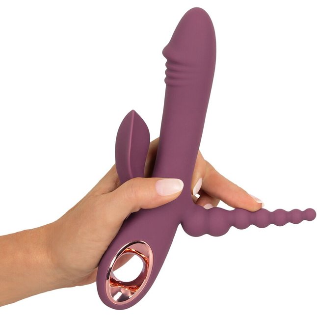 Сливовый вибратор с клиторальным отростком и анальным хвостом Slim Triple Plum - 21,4 см - You2Toys. Фотография 8.