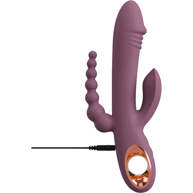 Сливовый вибратор с клиторальным отростком и анальным хвостом Slim Triple Plum - 21,4 см - You2Toys. Фотография 9.