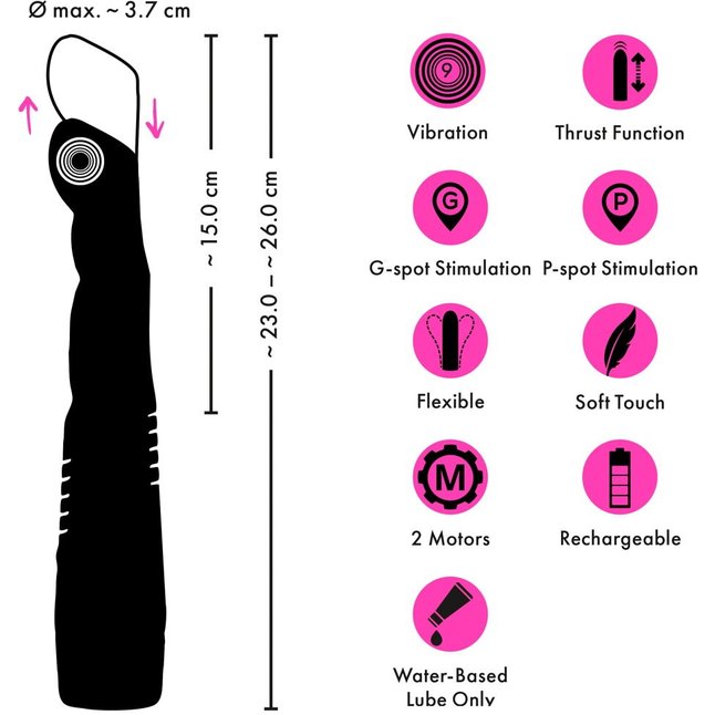 Черный вибратор с поступательными движениями G and P-Spot Thrusting Vibrator - 23 см - Couples Choice. Фотография 11.